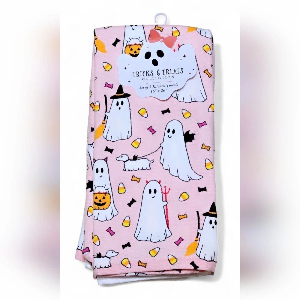 Ghost Walking Dog Pink Kitchen Hand Towels Set Of 3